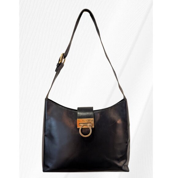 Salvatore Ferragamo Gancini Black Leather Shoulder Bag - Picture 1 of 7